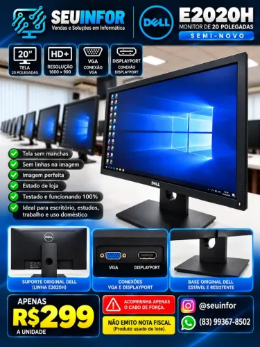 Monitores dell 20 polegadas HD+ 1600x900-conexões vga e Dysplayport