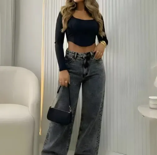 Calça jeans feminina wide leg cintura alta marmorizada n46