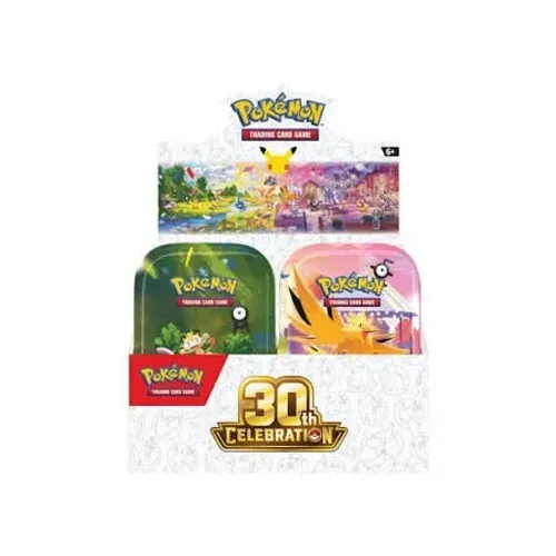 Display Americano com 10 Latas (Mini Tins) de 30th Celebration Pokémon TCG