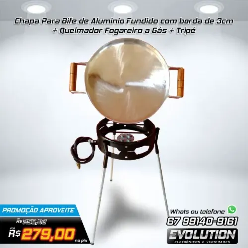 Chapa Para Bife de Aluminio com borda 3cm + Queimador a Gás + Tripé Aproveite