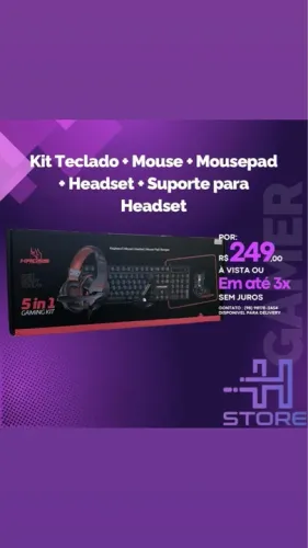 Kit Gamer 5 em 1 - Teclado, Mouse, Mousepad, Headset e Suporte