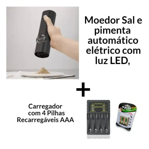 Kit Moedor de sal e pimenta + Carregador + Pilhas AAA