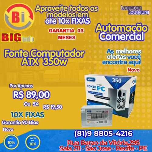 Fonte ATX 350W Real Bivolt Silenciosa com Cabo Protegido - Em ate 10x Fixas 