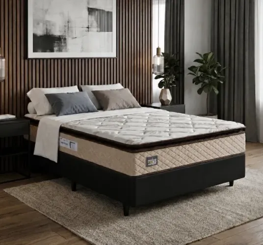 Conjunto Colchão Casal Ortopédico D33 + Base Box Corino Preto Konfortavix 138x188 cm