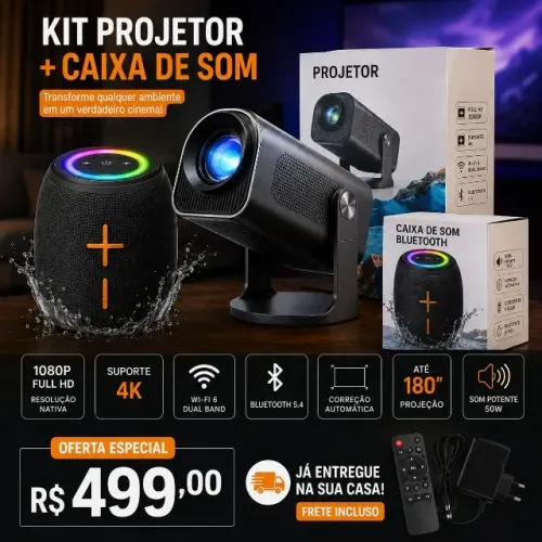 Kit Projetor Inteligente Full HD + Caixa de Som Bluetooth 50W | Cinema em Casa