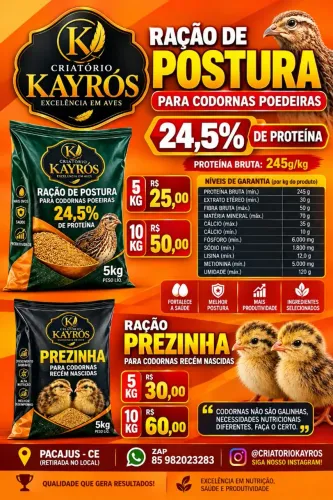 RAÇÃO CODORNAS 24,5% PROTEÍNA