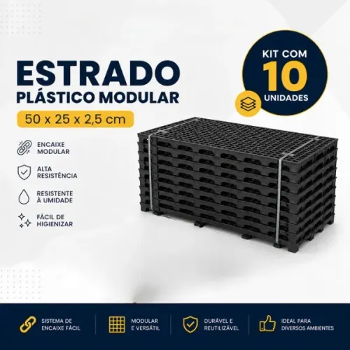 Kit 10 Estrados Plásticos Modulares Empilháveis 50x25x2,5cm Palete Piso Elevado Resistente