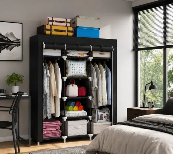 Guarda-Roupa Casal Portátil Grande com Cabideiro e Prateleiras | Entrega Rápida