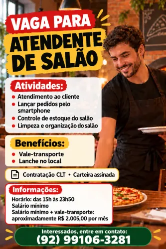 VAGA ATENDENTE GARÇOM - MASCULINO