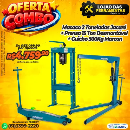 Macaco 2 Toneladas Jacaré + Prensa 15 Ton Desmontável + Guicho 500Kg Marcon
