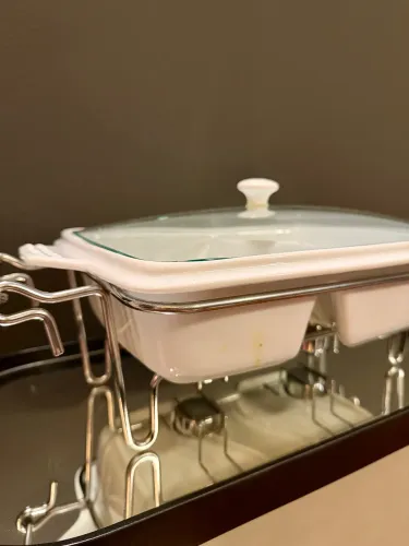 Réchaud duplo em porcelana com tampa de vidro