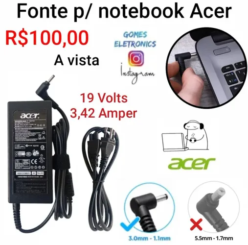 Fonte pra notebook Acer Aspire - 19V - 3,42A Pino Fino 3.0x1.0mm Preto Bivolt