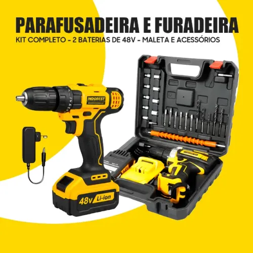 Kit Completo - Parafusadeira e Furadeira 48V com 2 Baterias e Maleta