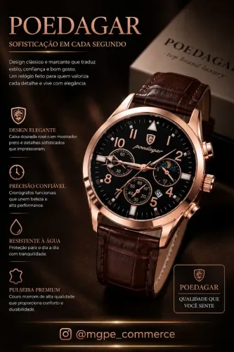 Relógio Masculino Poedagar Luxo Original - Caixa Rosé, Pulseira de Couro e Cronógrafo