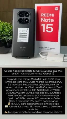 Celular Xiaomi Redmi Note 15 Dual SIM 256GB 8GB RAM de 6.77" 108MP 20MP - Preto (Global)