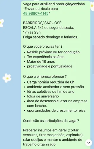 Vaga para auxiliar de produção/cozinha