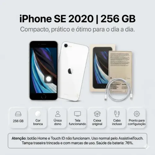 iPhone SE 2020, 256 GB, branco, com caixa original e cabo incluso.