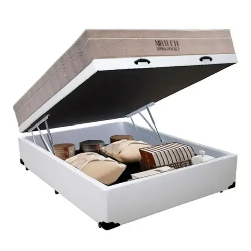 CAMA BAÚ CORINO BRANCO ALTO NÍVEL + COLCHÃO AIRTECH SPRING POCKET ORTOBOM