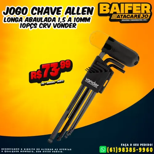 Jogo Chave Allen Longa Abaulada 1,5 a 10mm 10Pçs Crv Vonder
