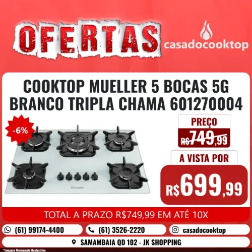 COOKTOP MUELLER 5 BOCAS 5G BRANCO TRIPLA CHAMA 601270004