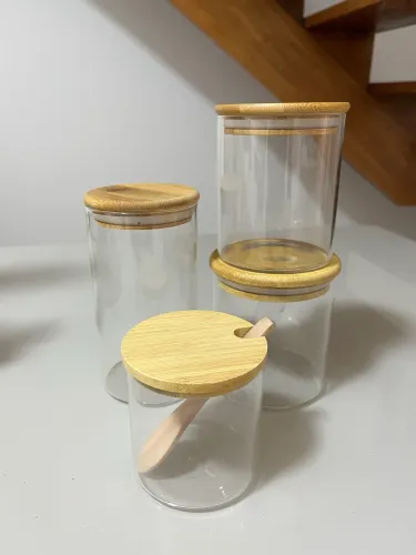 Potes e Açucareiro de vidro com bambu
