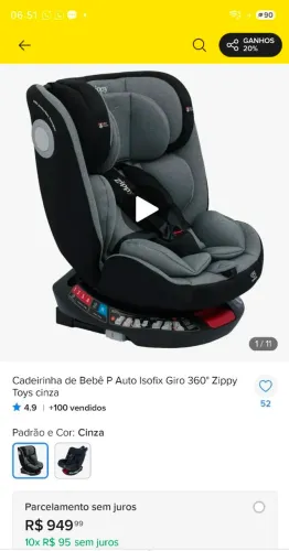 Cadeirinha de Bebê P Auto Isofix Giro 360° Zippy Toys cinza