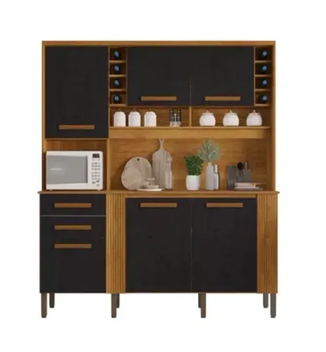 Armário de Cozinha Atlas 2,00m Cinamomo/Preto c/ Garrafeiro e Espaço p/ Micro