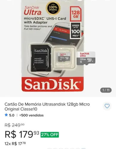 Cartão de memória ORIGINAL 128Gb (Lacrado)