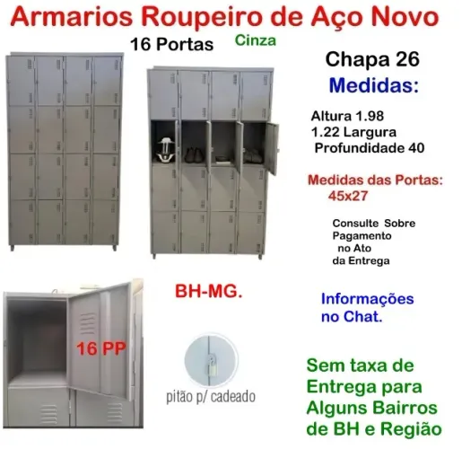 Armario de Aço 16 Portas Roupeiro Vestiário Clube Guarda Volume Comercio escaninho auto