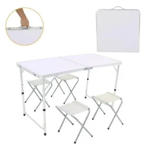 Kit Mesa Dobrável Portátil Vira Maleta Camping Churrasco 120X60cm com 4 Banquinhos Branco