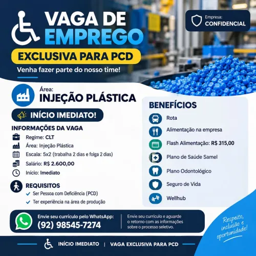VAGA PCD - PRODUÇÃO/INJEÇÃO PLÁSTICA