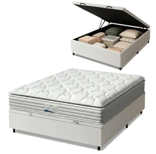 Cama Box Baú Casal Colchão Molas Ensacadas Granville Com Pillow Probel 138x188x69cm Branco