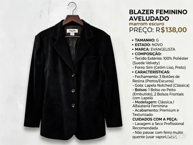 BLAZER FEMININO PRETO AVELUDADO, TAMANHO G E NOVO