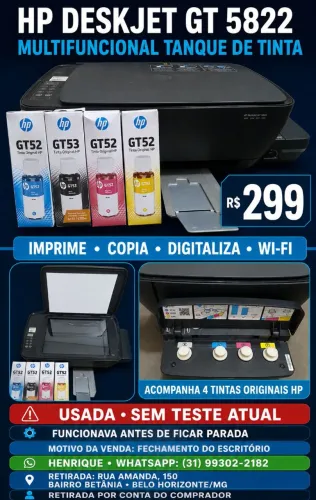 Impressora Multifuncional HP DeskJet GT 5822 Wi?Fi + 4 Tintas - R$ 240,00