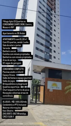 *Alugo Apto 03 Quartos no CONDOMÍNIO CARPE DIEM, Centro, Mossoró-RN*