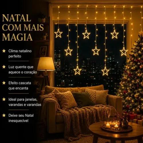 Cascata De Natal Estrelas Bivolt 110 Leds Com 8 Funções Branco Quente 127/220v