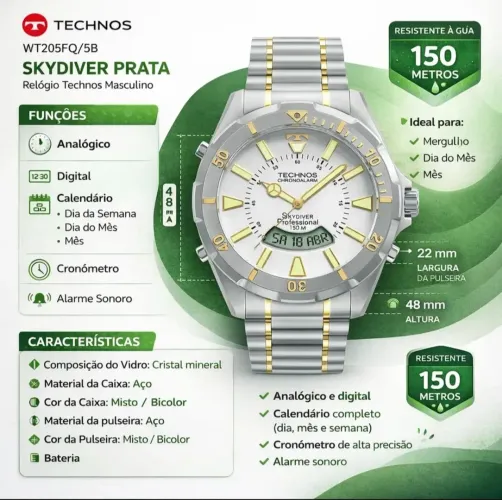 Vendo relógio technos skydiver prata original