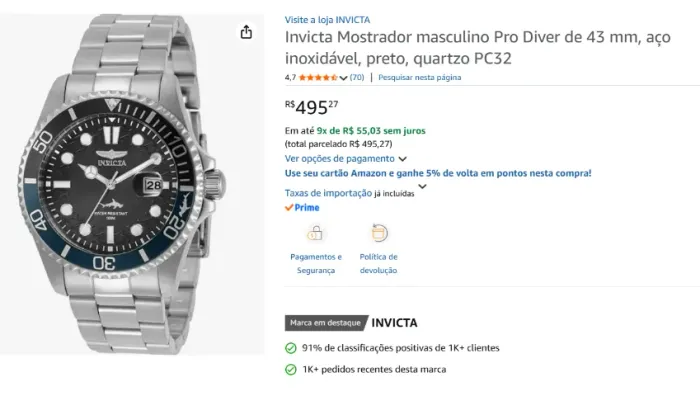 RELOGIO INVICTA MODELO 30956 DE 43MM