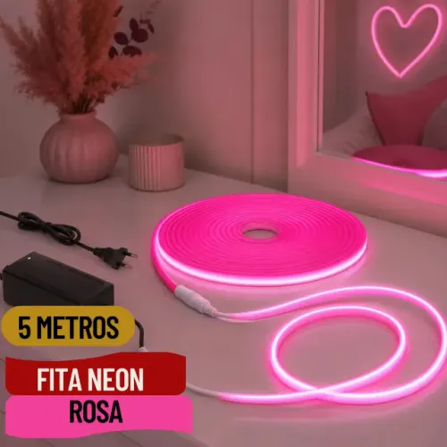 Mangueira Fita LED Neon 5 Metros com Fonte 5A, Corte a Cada 2,5cm Luz Rosa