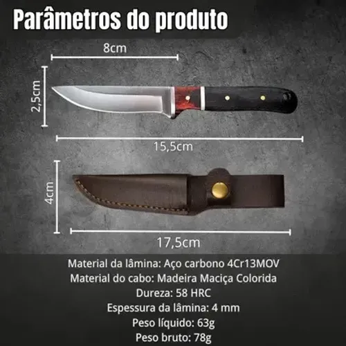 Mini Faca Full Tang, 16cm, Cabo Madeira + Bainha de Couro - Luatek