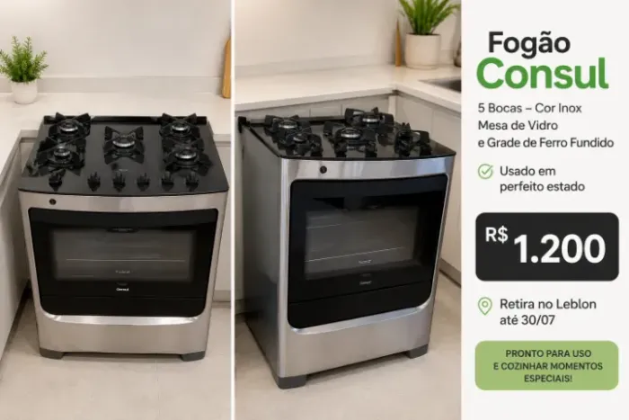 Fogão Consul 5 Bocas Inox com Mesa de Vidro e Grades de Ferro Fundido - Excelente estado
