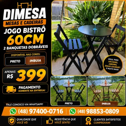 Conjunto bistrô 60cm com 2 banquetas dobráveis 