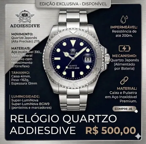 Relógio de Luxo Addiesdive Aço 316L Calibre Miyota 2115 (Original e Lacrado)