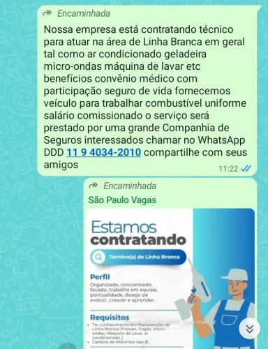 Estamos contratando técnico de refrigeração e linha branca em São Paulo