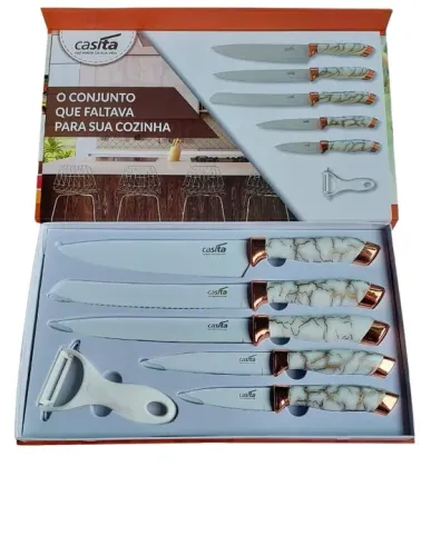 Jogo De Facas Brancas Em Aço Inox E Descascador Cozinha.