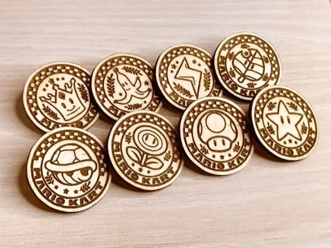 Moedas Mario Kart em MDF - Kit com 8 Unidades