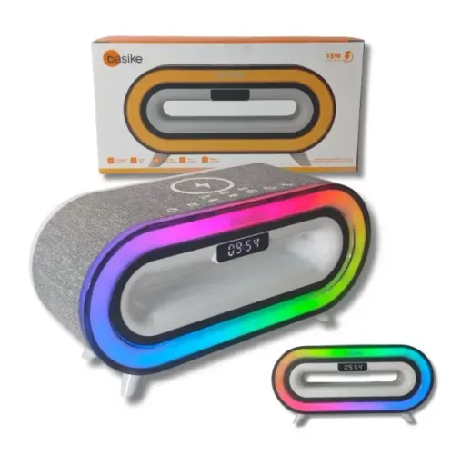 Caixa de Som Basike BA-RAD211 15W Bluetooth (RGB, Rádio FM, Alarme e Carregador Sem Fio)