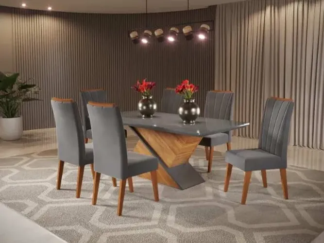 Mesa de Jantar Aurea 180x90 6 Cadeiras Safira Veludo Grafite Viero - Entrega Rápida!