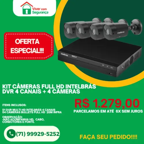 Kit de Câmeras de Segurança Intelbrás Full HD - DVR 4 Canais + 4 Câmeras Bullet