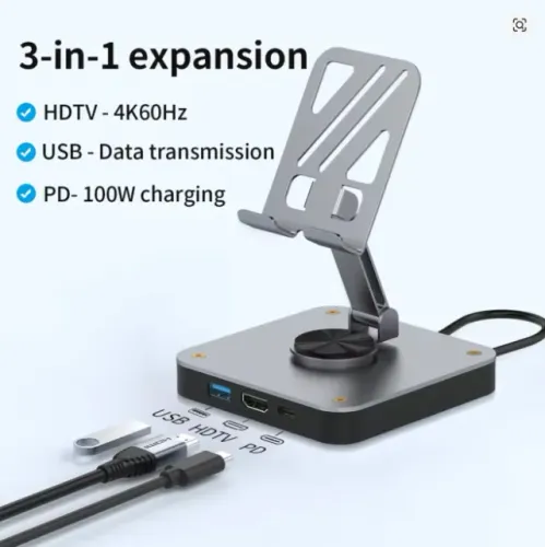 Estação de Encaixe USB-C 3 em 1 com Suporte Dobrável - HDMI 4K@60Hz + PD 100W + USB 2.0